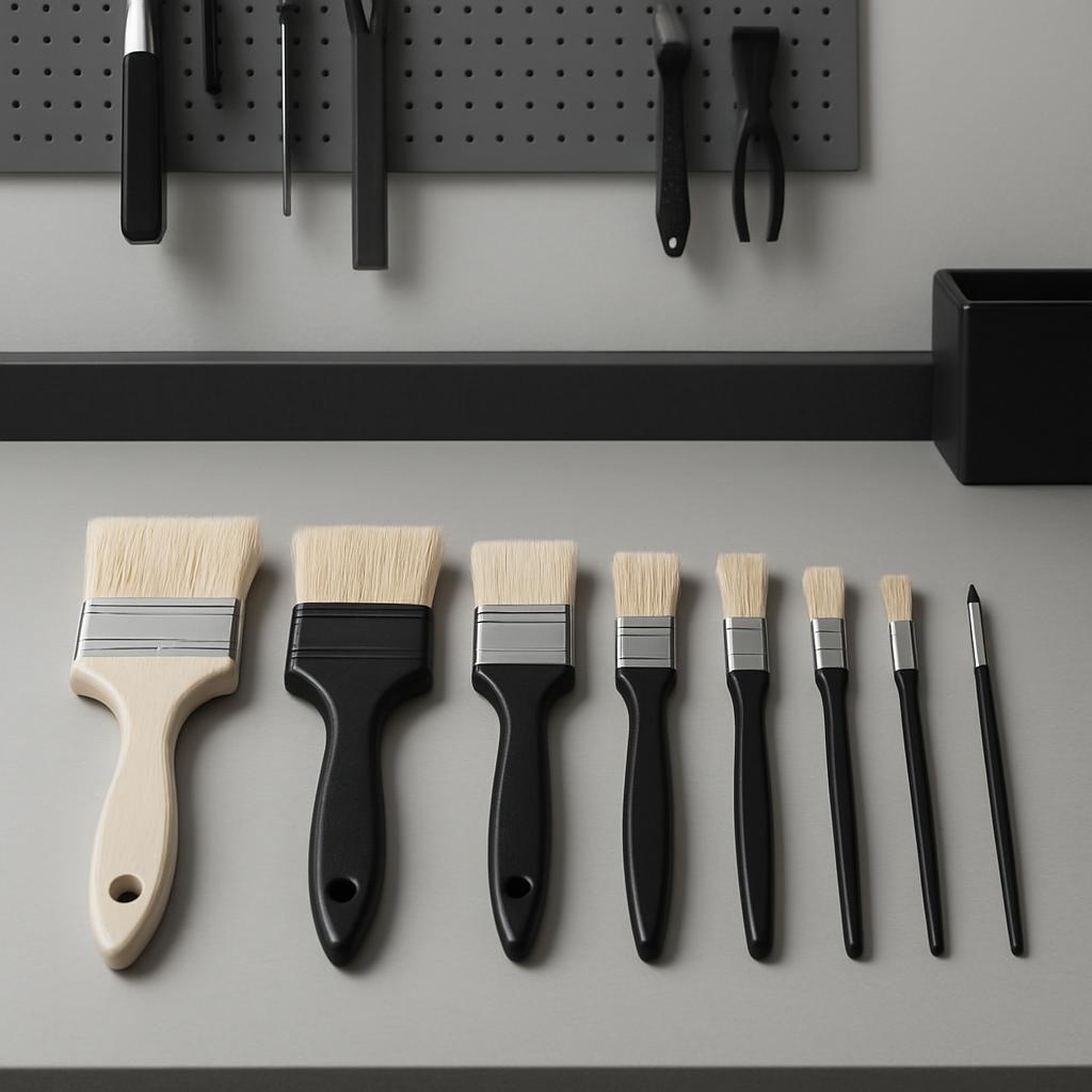 A collection of paintbrushes on a wall-mounted pegboard, showcasing various sizes and shapes for different painting tasks.